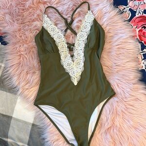 Cupshe Olive Sage Green Crotchet Criss Cross Backless Sexy One Piece Swimsuit